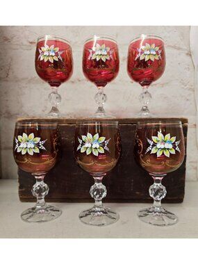 6 Hand-Painted Ruby Red Bohemian Crystal Wine Glasses Floral & Gold Detailing